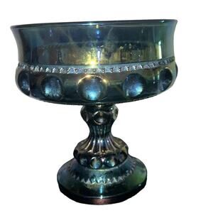 Indiana Glass Kings Crown, Blue Carnival Glass Compote Pedestal Bowl Vintage